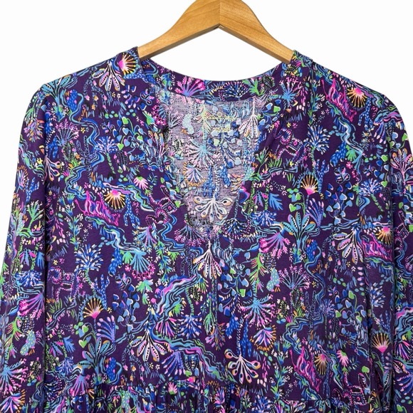 Lilly Pulitzer Alaina Dress Size L Colony Purple Berry Tiered Long Sleeve Preppy - Picture 6 of 16